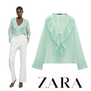 ZARA | Sea Green | COMBINATION RUFFLED BLOUSE